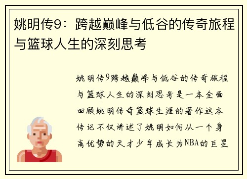 姚明传9：跨越巅峰与低谷的传奇旅程与篮球人生的深刻思考