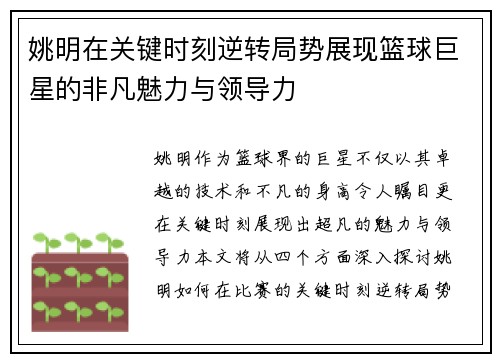 姚明在关键时刻逆转局势展现篮球巨星的非凡魅力与领导力